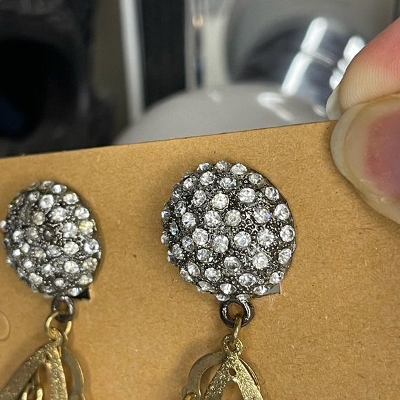 Large Feathered Style Metal Dangle Rhinestone Clip-On Earrings Tri-Color Metal - Picture 5 of 9